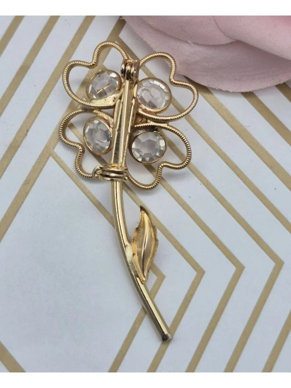 Vintage Rhinestone Flower Brooch Gold Tone Clear Amber Crystal Pin 2